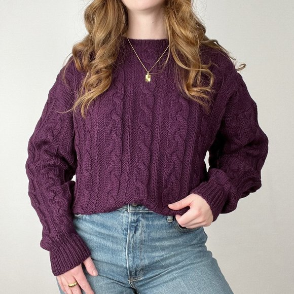 Vintage Hand Made Cable Knit Elbow Batch Oversized Aran Sweater Preppy Academia - Picture 1 of 8